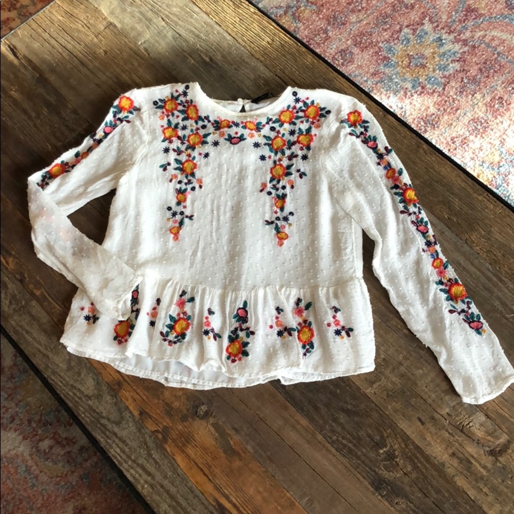 Zara Swiss Dot Embroidered Peplum Blouse